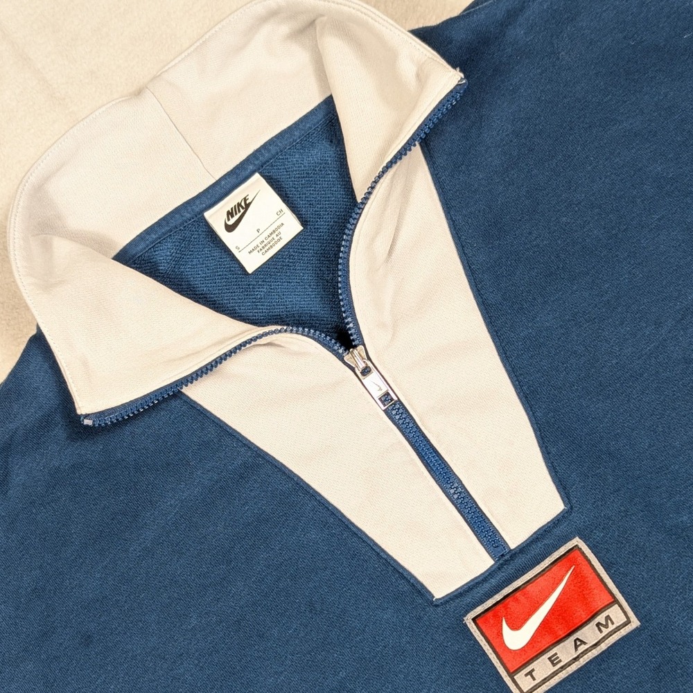 Nike Team Womens Quarter Zip‎ Sweatshirt Blue Cream Spellout Pullover Small